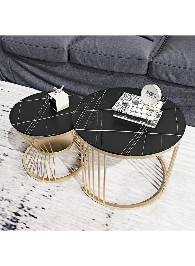 Mobellya Set of 2 High-End Nesting Coffee Tables – Marble alternative top  – Gold Steel Frame - Image 2